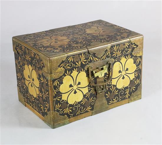 A Japanese black lacquer travelling chest, Meiji period, W.2ft 1in. D.1ft 5in. H.1ft 4in.